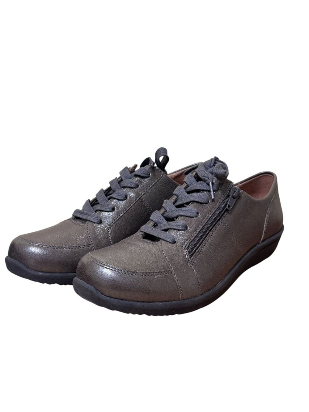 Vionic Abigail Metallic Sneakers Wms 8 Pewter Gray Lace-Up Side Zipper Comfort - Picture 3 of 12
